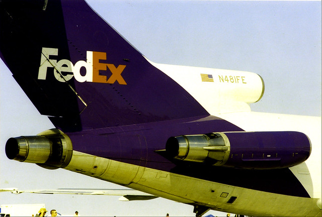 FedEx 727-200, engines, hush-kit, rudders, fin, Travis AFB, 2000
