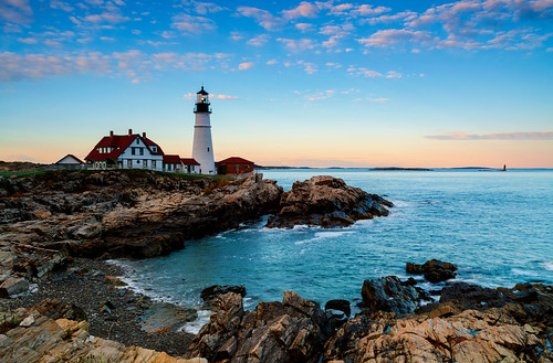 ocean new blue light sunset england lighthouse white rock clouds portland waves maine rocky atlantic shore coastline mygearandme