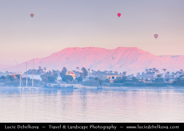 Egypt - Luxor - Hot air balloon flight over Nile West Bank & Temples in Valley of the Kings - طيبة‎ - UNESCO Heritage site on banks of river Nile