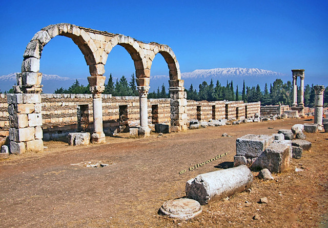 Lebanon, Beqaa valley, Anjar archeological site,  colonnade along cardo maximus with showcaped mt  Lebanon in backdrop