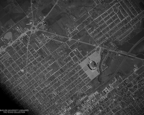 Sky High-Aerial Photo of Baylor (Floyd Casey) Stadium with the Traffic Circle, Waco, circa 1950