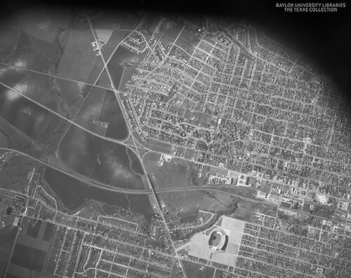 Aerial photo of Waco and Baylor Stadium, circa 1949-1950