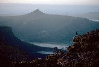 Sunrise over Pigeon House from The Castle Summit. Budawang National Park, NSW, April, 1983.