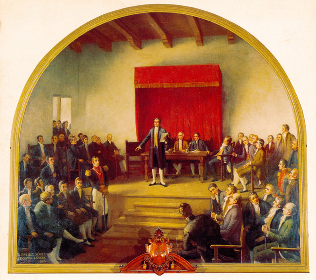 1811, Primer Congreso Nacional que funcionaba en el edificio de la Real Audiencia en la Plaza (que luego pasó a llamarse de la Independencia). Obra  de Nicanor González Méndez pintado en 1903.