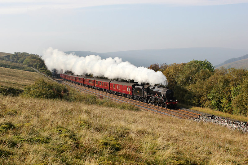 Black Five No.45231 heads a West Coast Railways excursion originating from Cleethorpes along the upper side of Garsdale, before plunging into the fog filled Eden Valley.