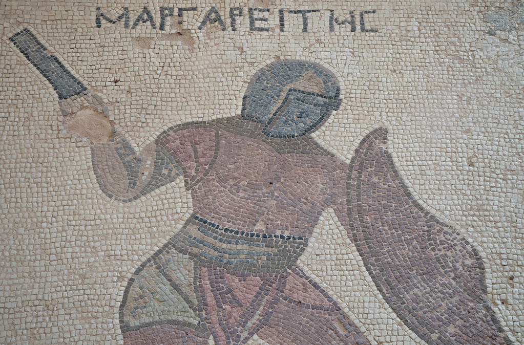 Detail mosaic depicting two gladiators in combat, his in Greek is listed above: Margarites, late-3rd century AD, House of the Gladiators, Kourion, Cyprus