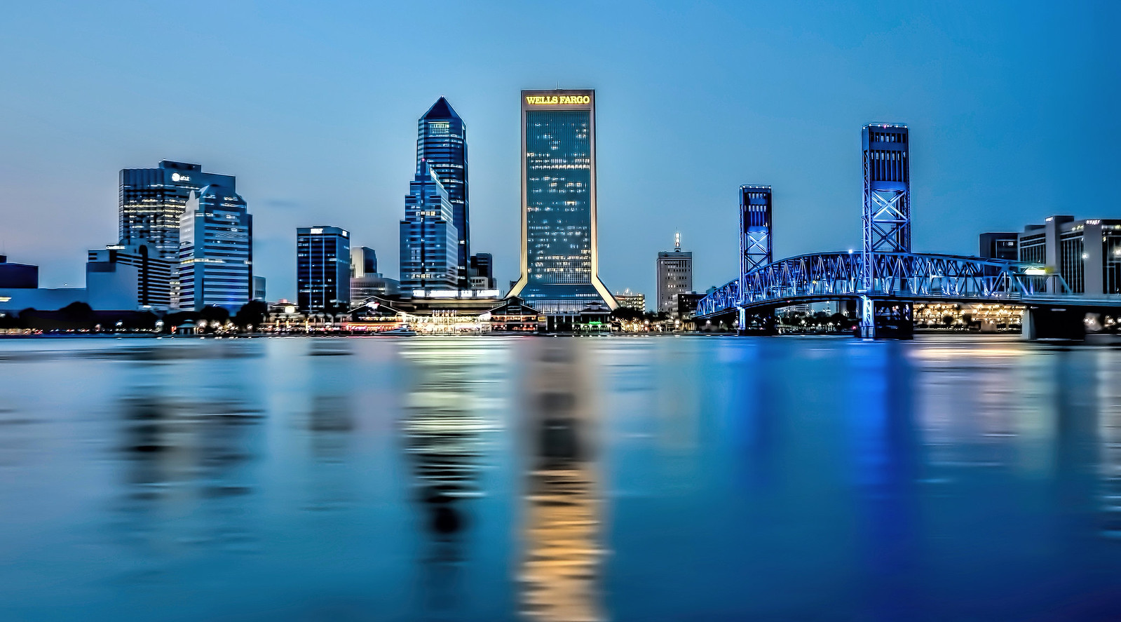 The skyline of Jacksonville, Florida on the shores of the St. Johns River @ the Blue Hour