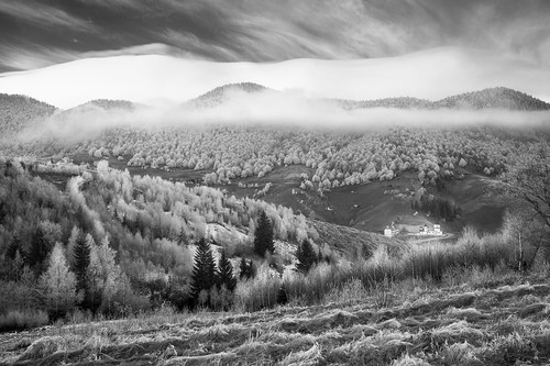 trees winter blackandwhite snow beautiful fog landscape outdoors frost cloudy hills monastery romania fir layers hoar magura