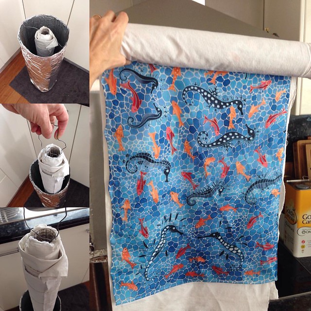 hand painted seadragons silk scarf after 3 hours of steamingsteamed