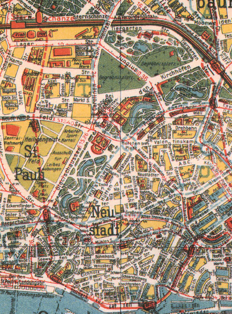 X03412 Alter Hamburger Stadtplan von ca. 1920 - Ansicht der Wallanlagen, Begräbnisplätze am Dammtor und dem Tiergarten; unten die Elbe mit den St. Pauli Landungsbrücken.