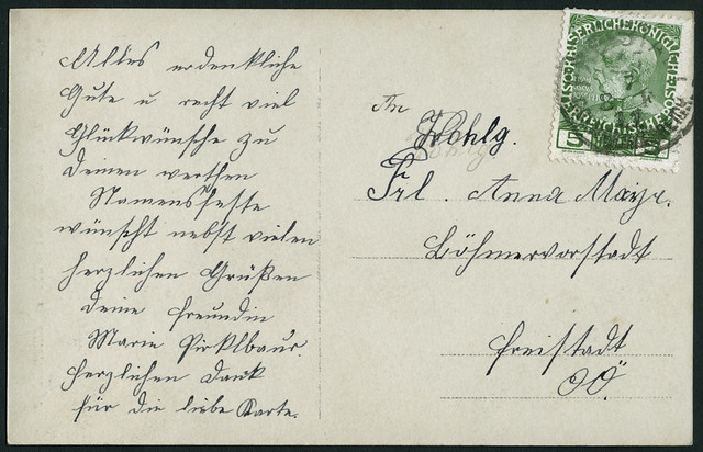 Archiv C742 Namenstagskarte (back) an Frl. Anna Mayr, Freistadt Oberösterreich, 1911