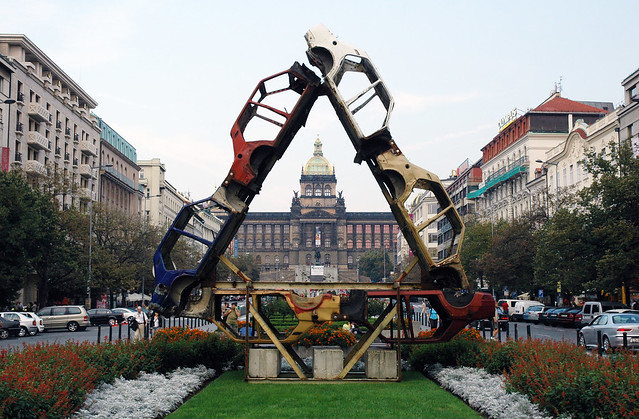 National Museum and Car Sculpture at Wenceslas Square, Prague, Czech Republic
