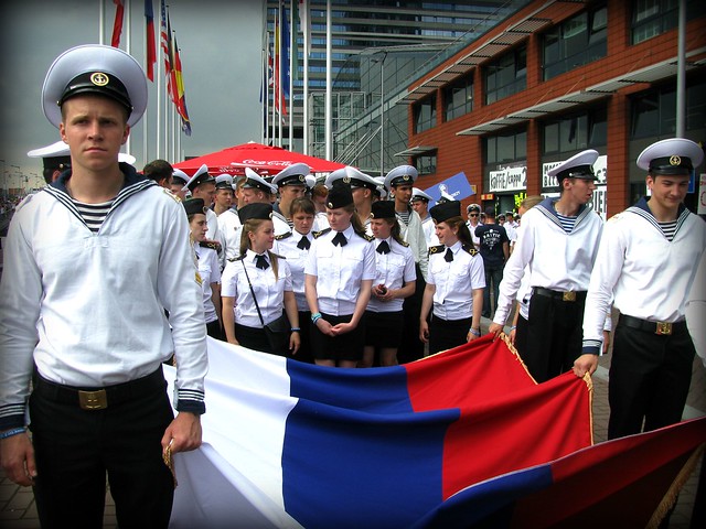 Russian sailors parade at Amsterdam's SAIL 2015