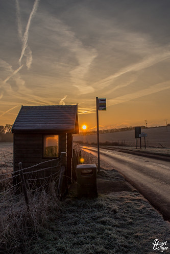 winter frost morning sunrise sky bus stop road
