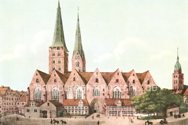 X0050454 Historische Ansicht vom Alten Mariendom in der Altstadt Hamburgs, dahinter der Kirchturm der Petrikirche, lks. die St. Jacobikirche.