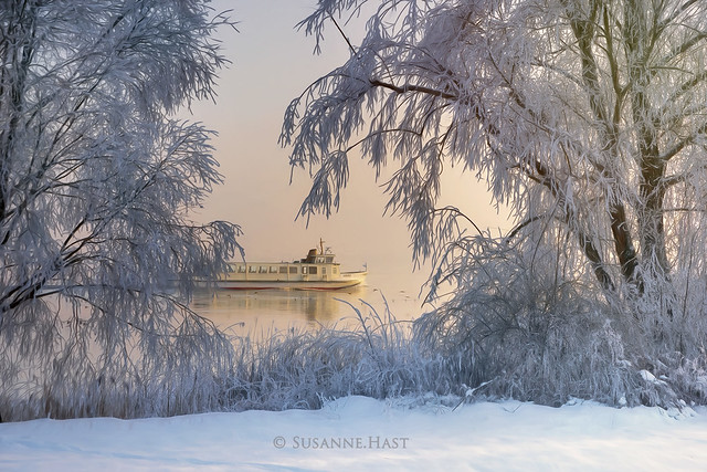 Ein Schiff fährt durch den Winterwald