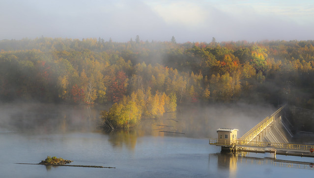 Morning mist, sunrise, Fall Color, St. croix river, Woodlad hydro dam, Maine
