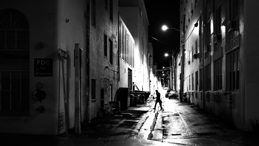 Working at night - Miami, Florida - Black and white street photography