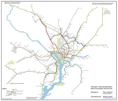 Conceptual Future integrated rail transit service network for the Washington DC National Capitol Region. Design by Paul J. Meissner.  Concept by Richard Layman and Paul Meissner.