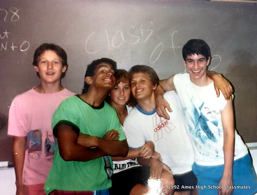 1992 AHS classmates during 1991-1992 Senior year Ames High left to right: Jeremy Moore,  Scott Belzer, Julie Nordyke,  Chad Steenhoek, and Mark Robinson at Ames High School, Ames, Iowa. #AmesHighClassof1992