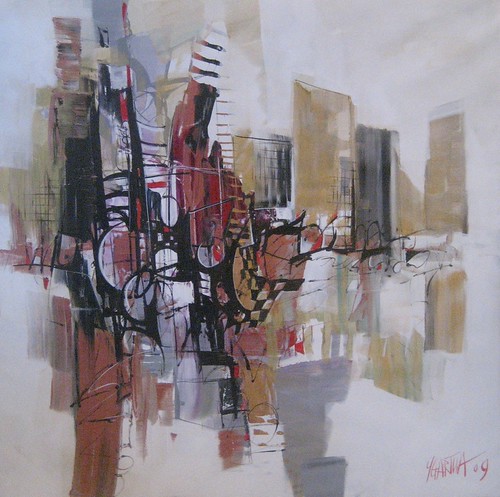 Small abstract cityscape in grey and ochre