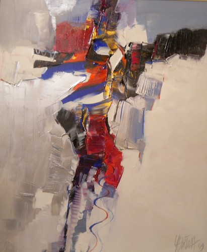 Small dark forms with red strokes on pale grey