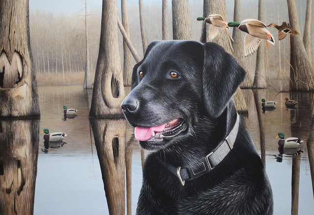 Painting of Black Lab in a Swamp