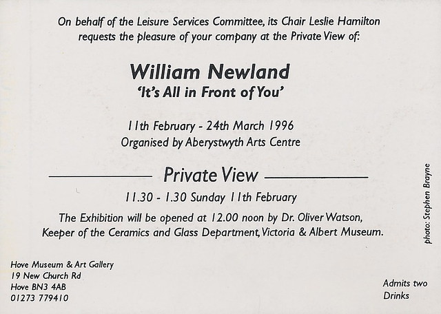 William Newland - Invite to 'it's all there in front of you' Exhibition 1996