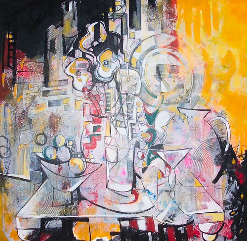 Dense outlined figures over pale yellow and blue