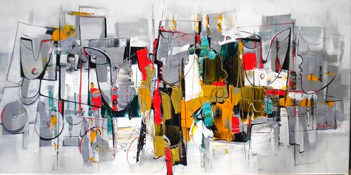Outlined figures among grey and colourful blocks