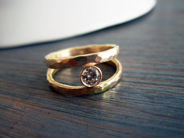 Double Hammered Gold and Diamond Engagement Ring