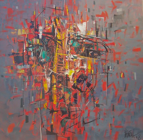 Dense red and golden lines on grey