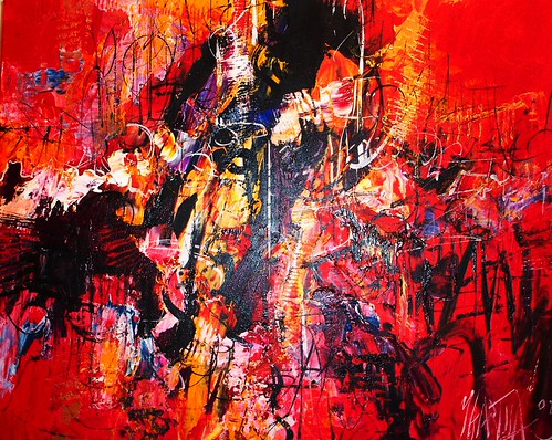 Black and white slashing marks on bright red