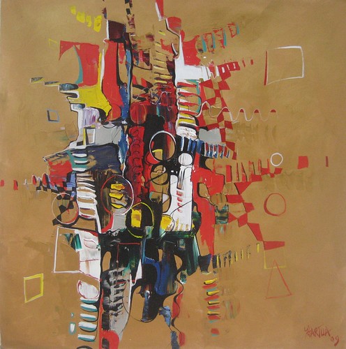 Vertical red and black forms on golden paint