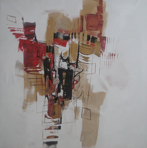 Small red and brown geometric forms on white