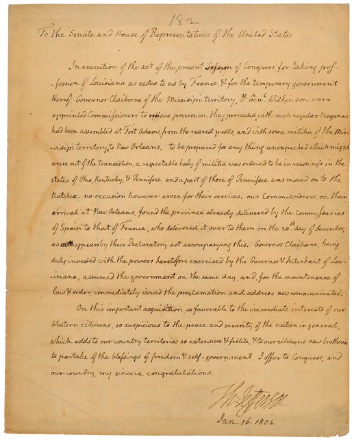 Message from President Jefferson to Congress Regarding the Louisiana Purchase, 01/16/1804 (page 1 of 2)