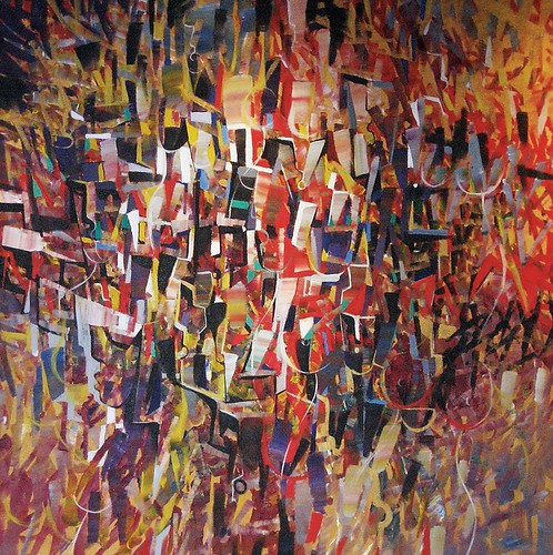 Dense red and gold angular figures
