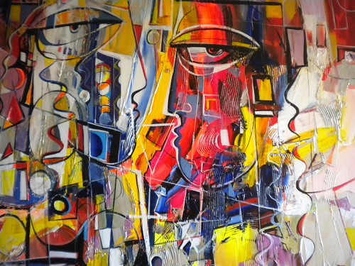 Large outlined faces amid small colourful blocks