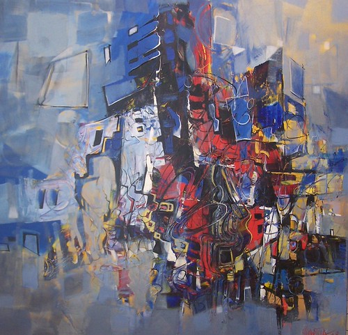 Vertical blue and red geometric marks on grey