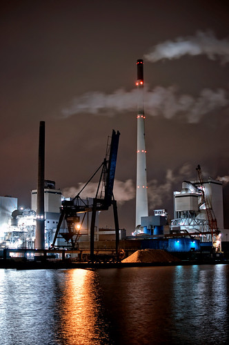 color tower water night clouds reflections harbor industrial crane bremen hdr