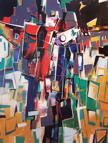 Tall colourful geometric shapes with fine outlines