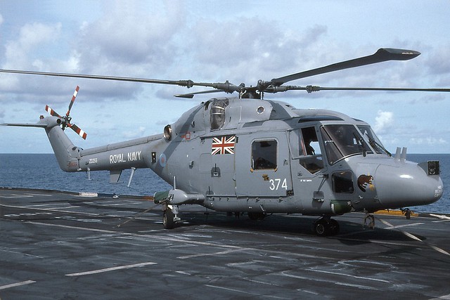 ZD255 (VB:374), Westland Lynx HAS.3S, 815 Squadron, HMS Beaver, seen on HMS Illustrious 17/05/1997