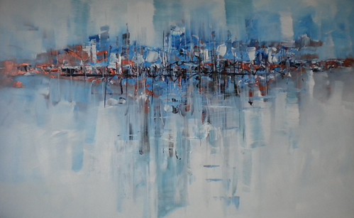 Pale blue harbour with fine skyline reflections