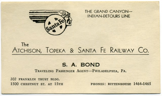 S. A. Bond, Traveling Passenger Agent, Atchison, Topeka, and Santa Fe Railway Co.