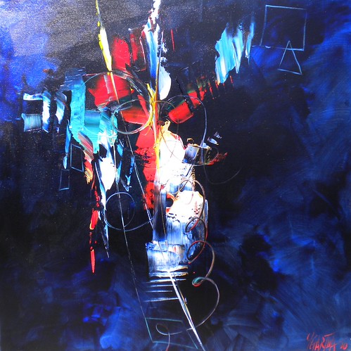 Bright red and white strokes against deep blue