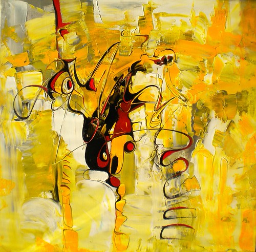 Curving dark outlines over yellow and green