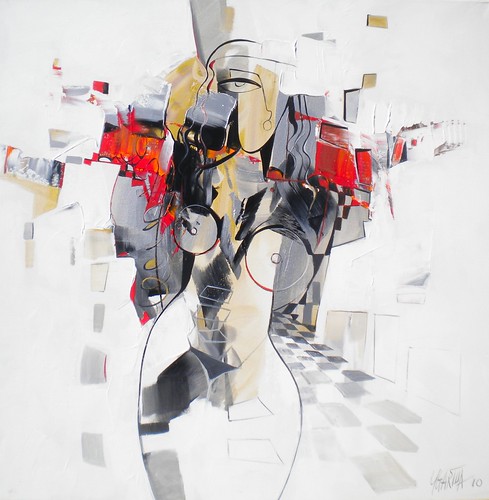 Fragmented figure in grey and red on white