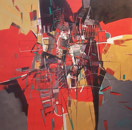 Vertical black outlined forms over red and ochre