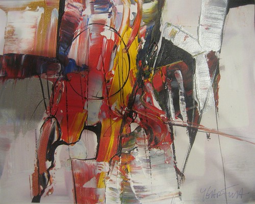 Broad red, yellow and grey forms with fine lines