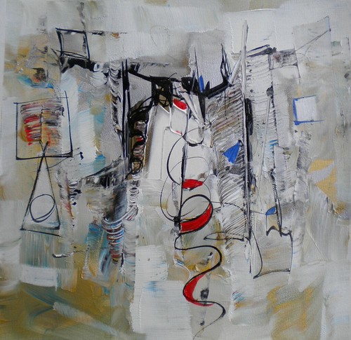 Fine curved black lines on pale grey